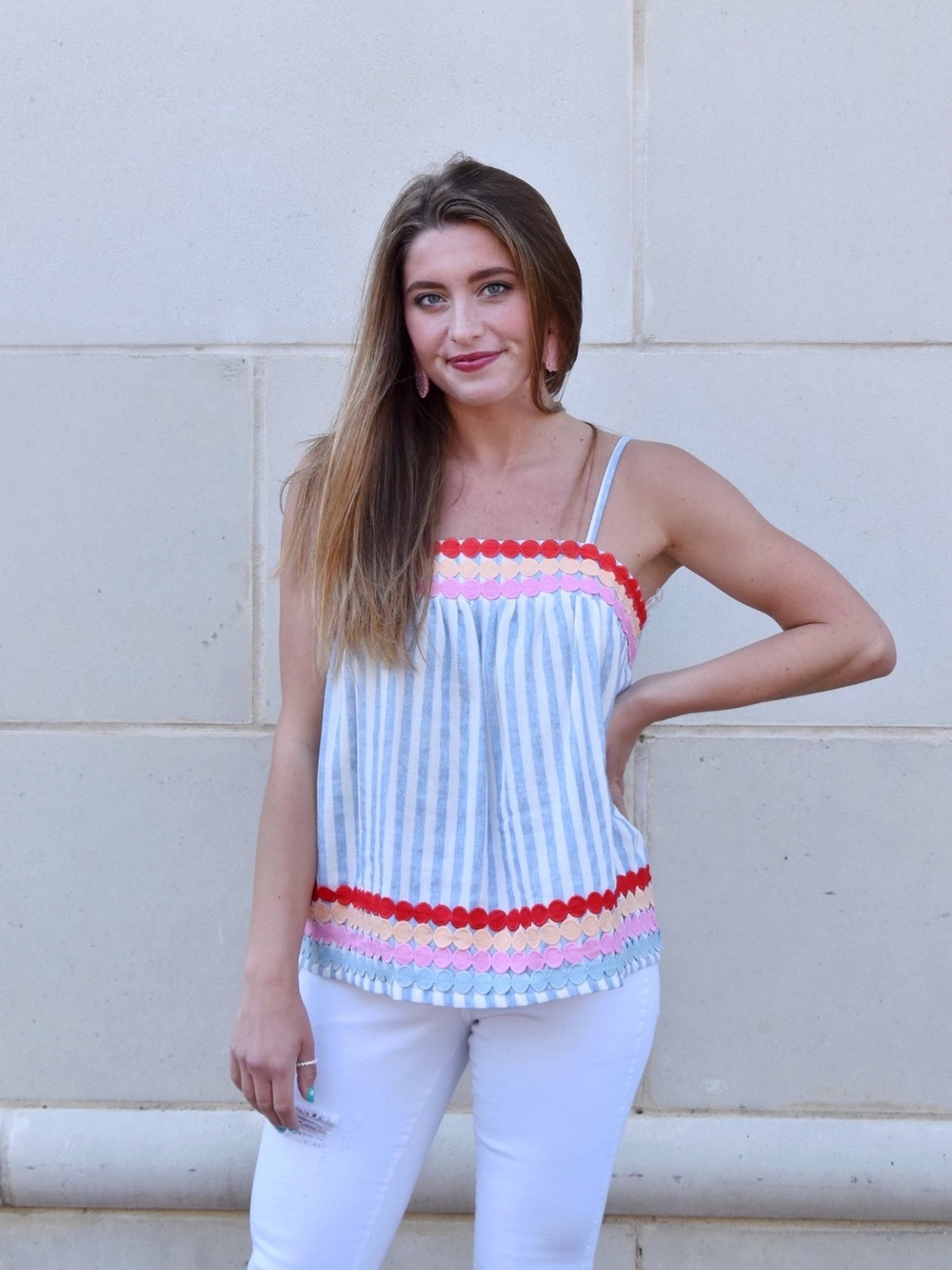 entro Dottie Blue & White Striped Camisole with Pink and Red Scallop Trim EUC